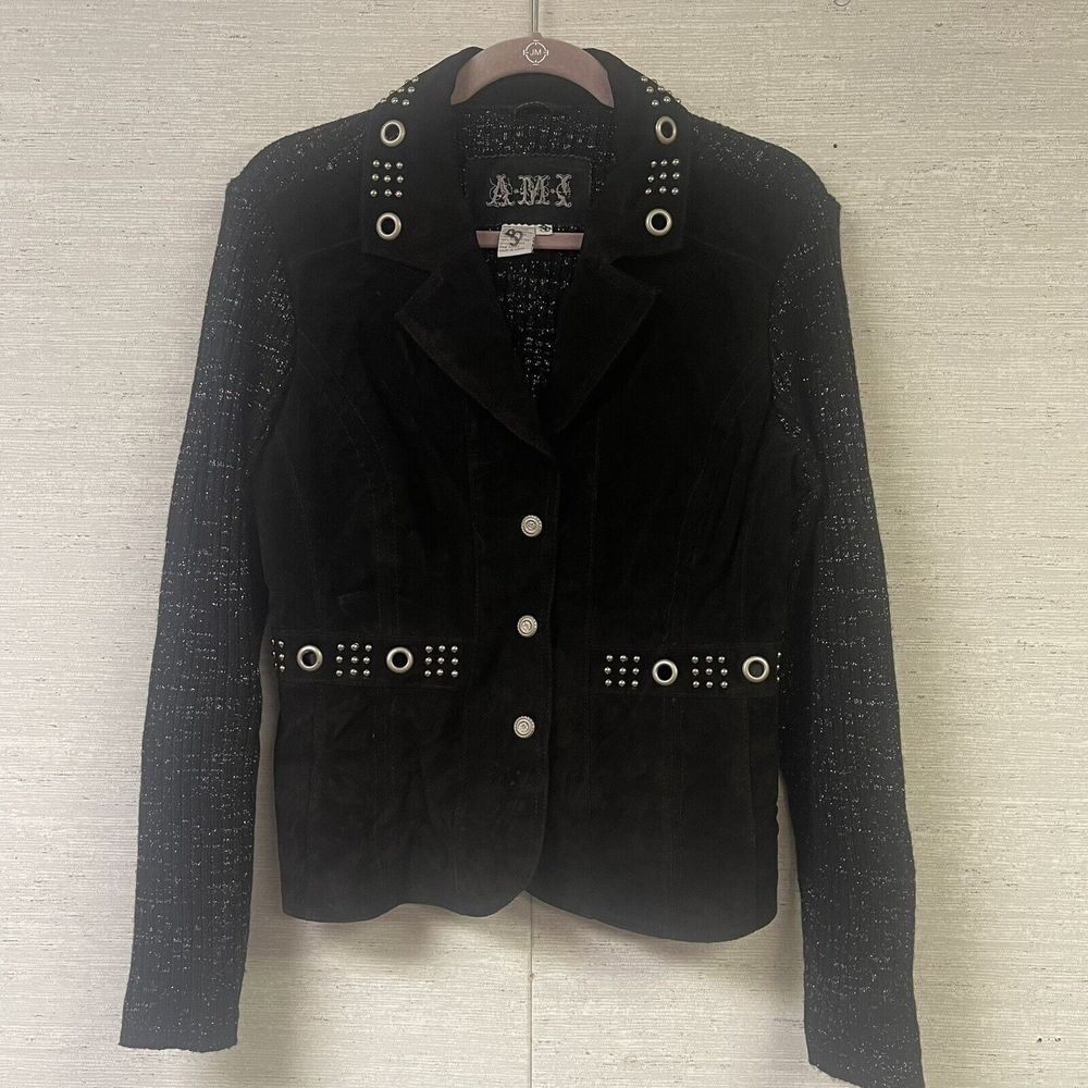 AMI‎ Womens Suede Leather Sweater Biker Jacket Blazer Large Black Silver Accents